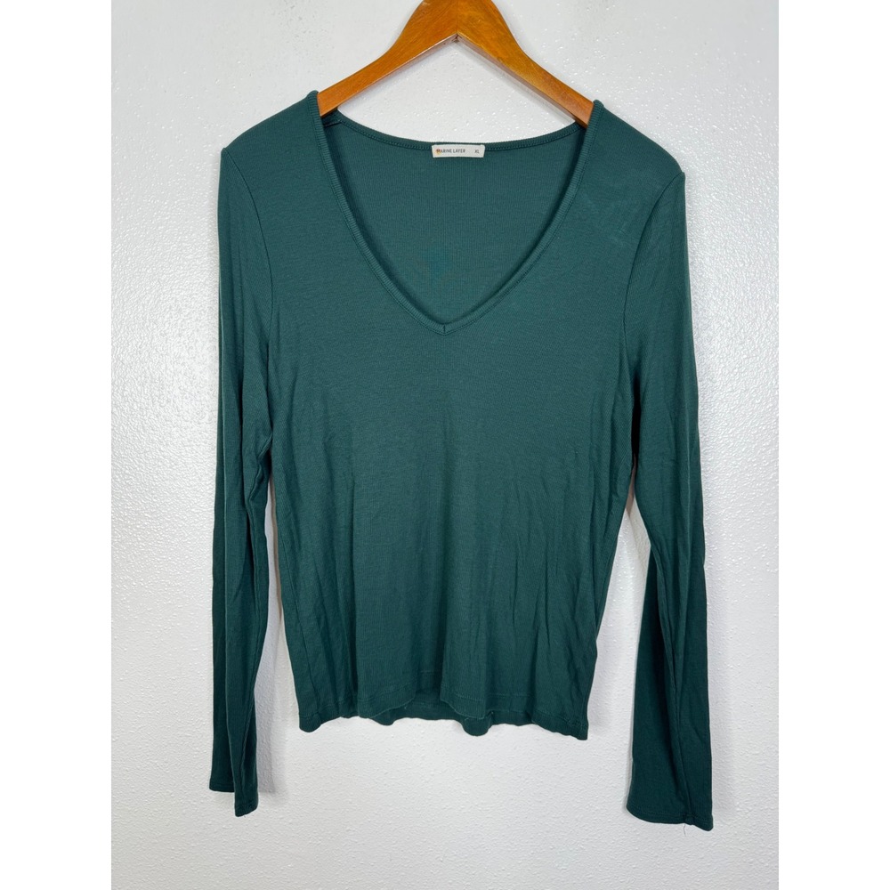 Marine Layer Womens XL‎ Forest Green Ribbed V-Neck Long Sleeve Tencel Modal Top
